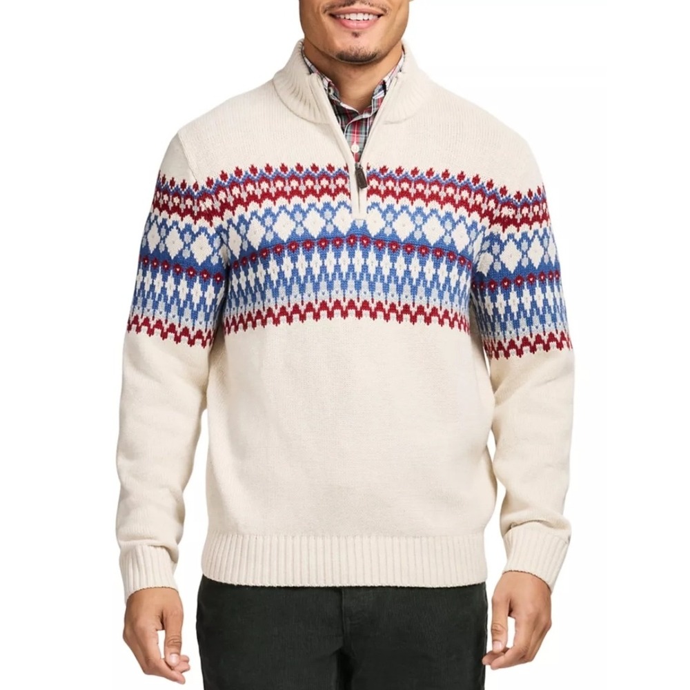 IZOD Mens 2XB NEW Fair Isle Christmas Holiday Winter Quarter Zip Sweater Cream